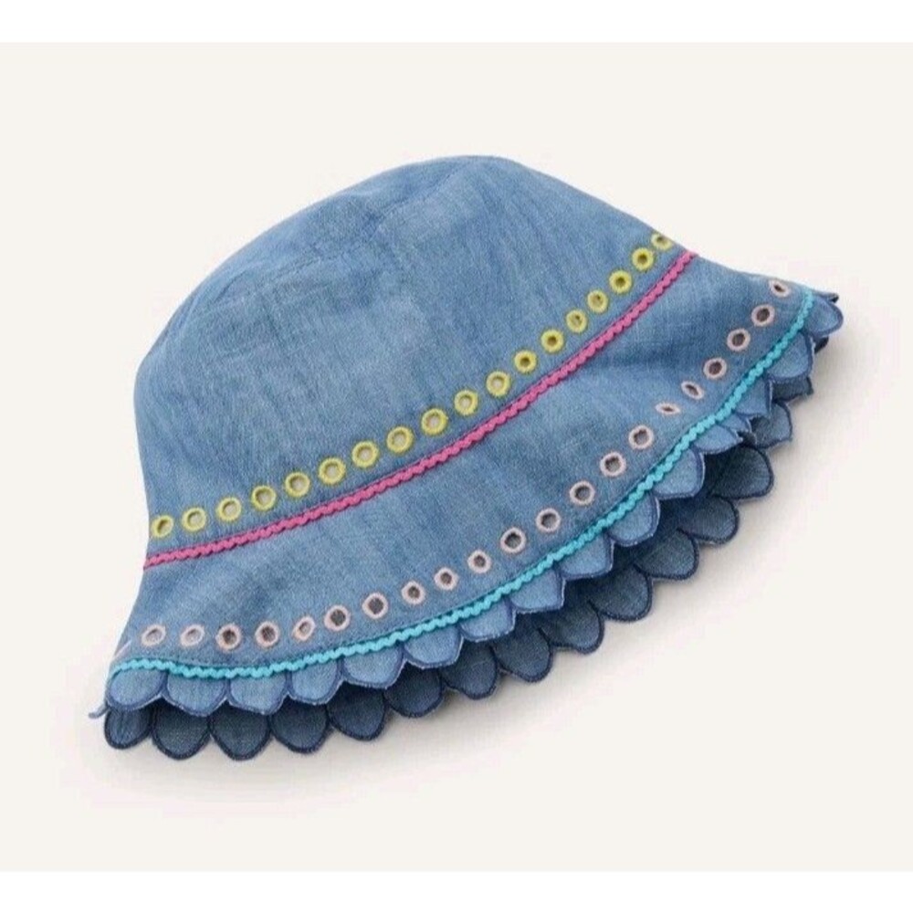 Mini Boden Woven Scalloped Hat Little girls Sunhat Cotton Chambray  Size S